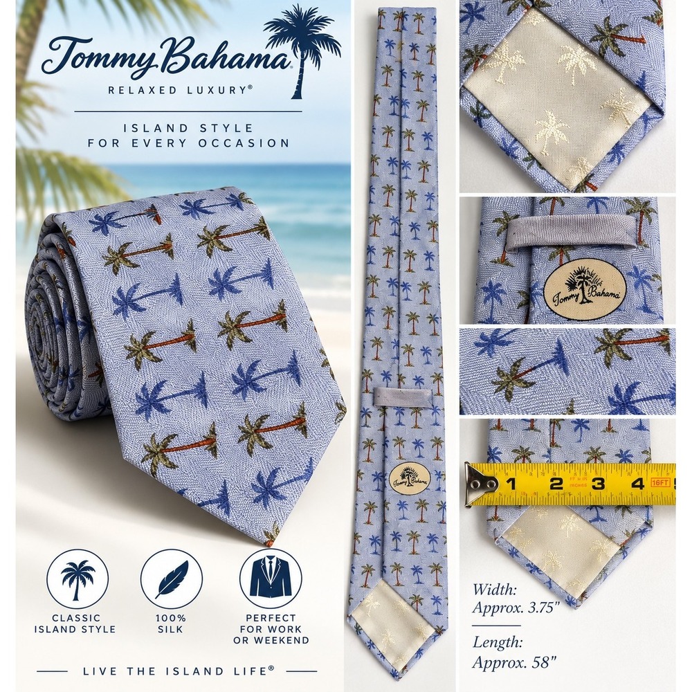 Tommy Bahama Men's Silk Tie Blue Palm Tree Tropical Island Necktie 58" 3.75"